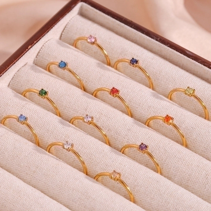 Fashion Round 304 Stainless Steel Artificial Gemstones Birthstone 18K Gold Plated Plating Inlay Rings