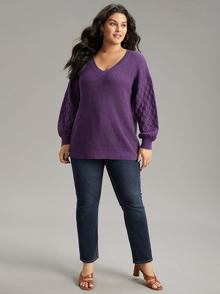 Solid Cable Knit V Neck Drop Shoulder Pullover