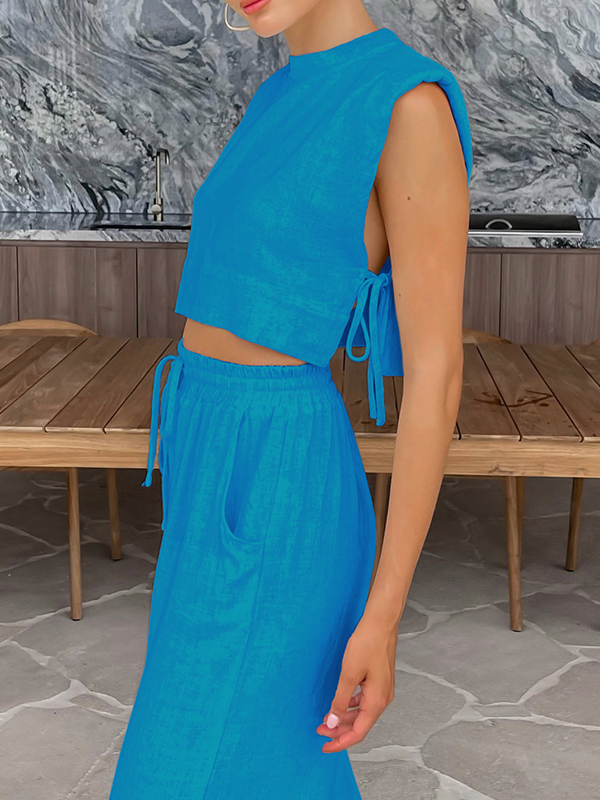 Loose Sleeveless Shoulder Pad Solid Color Tied Round-Neck Vest Top + Drawstring Elasticity Pants Bottom Two Pieces Set