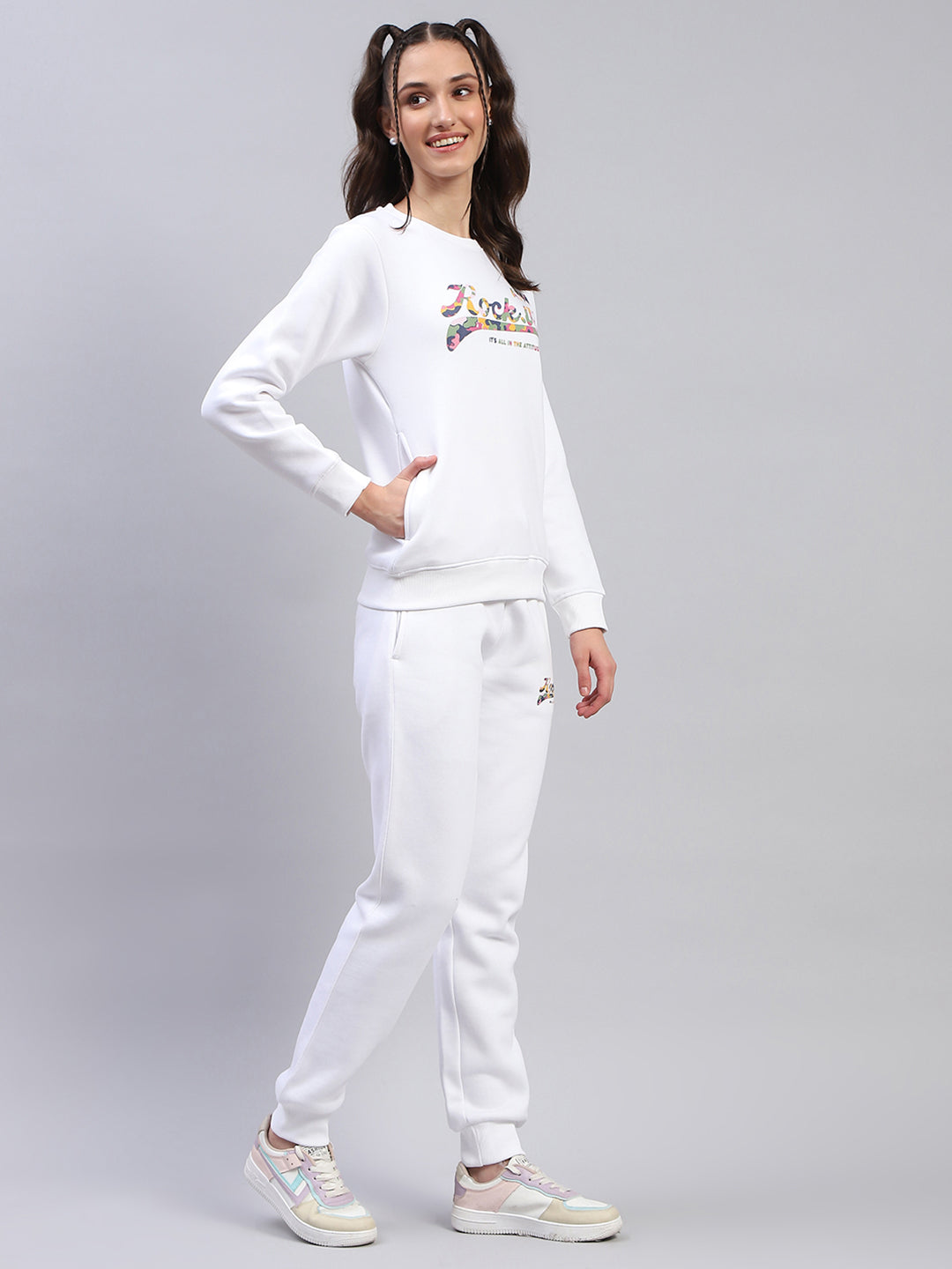 Women White Printed Round Neck Full Sleeve Tracksuit