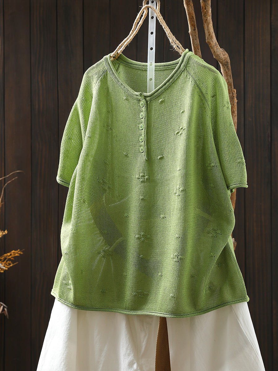 Women Summer Casual Jacquard Knitted O-Neck Shirt