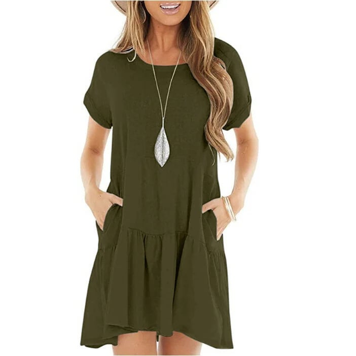 🔥🔥Round neck short sleeve large hem mid-length dress