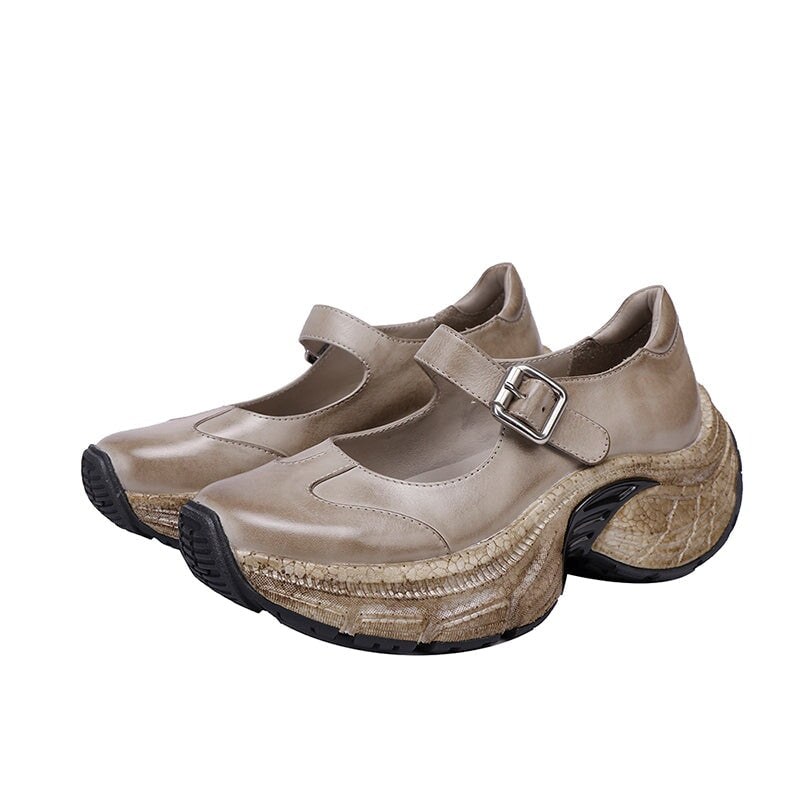 Chunky Platform Water Washed Cow Leather Mary Jane Shoes with Buckle Strap in Light Grey/Pink Purple