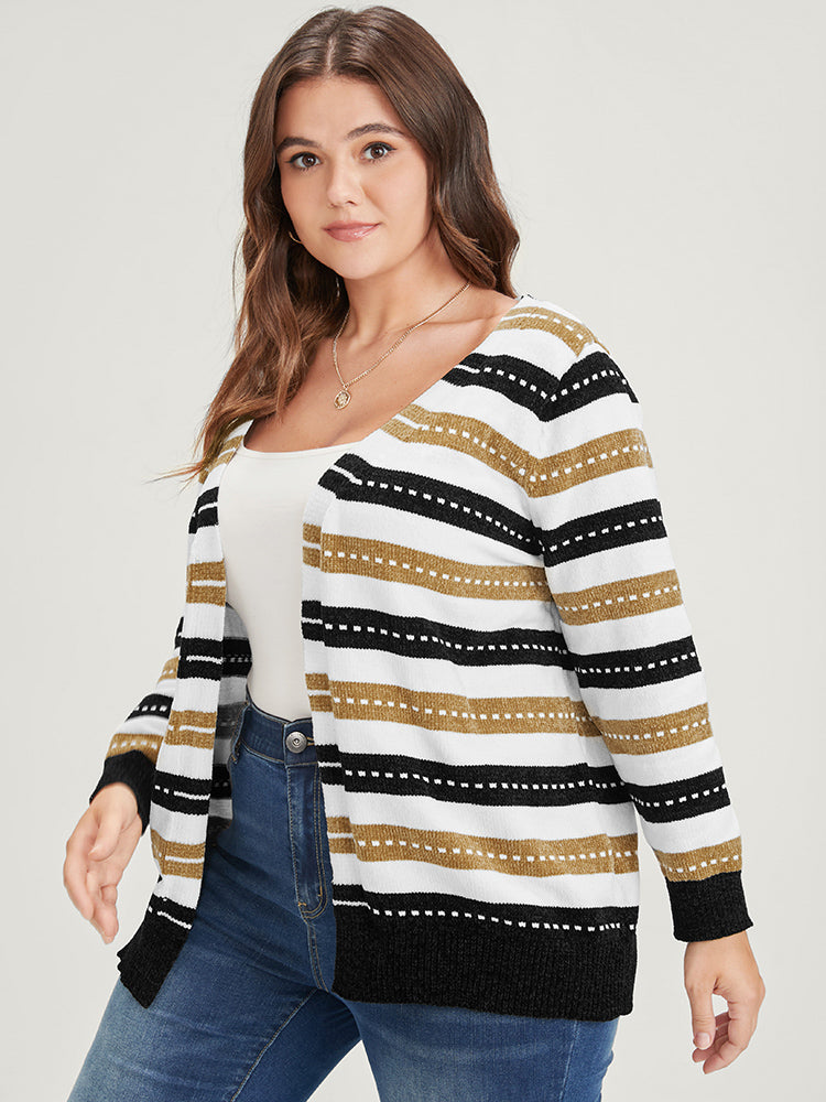 Striped Contrast Pointelle Knit Jacquard Open Front Cardigan