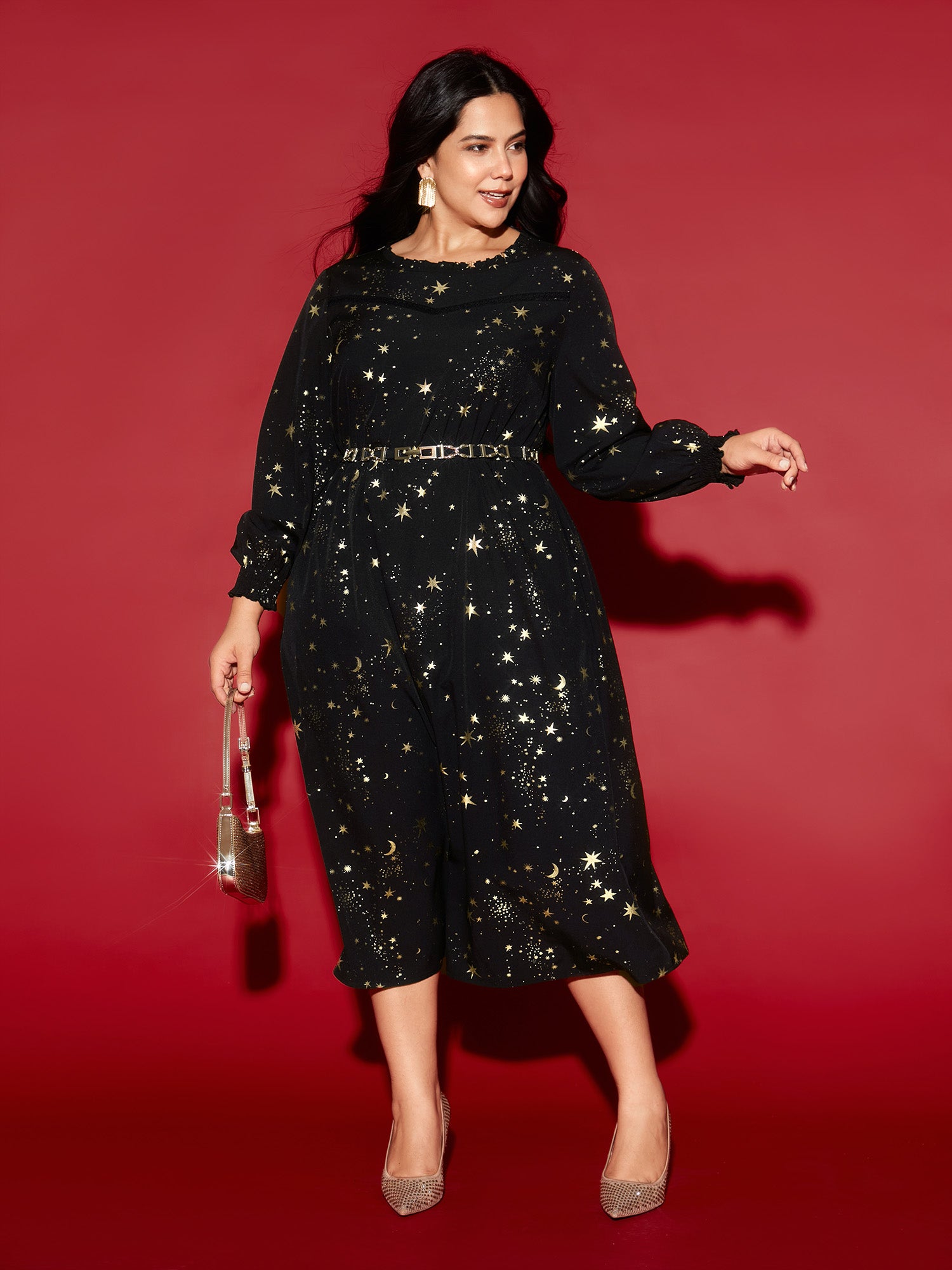 Star Printed Lace Neckline Midi Dress