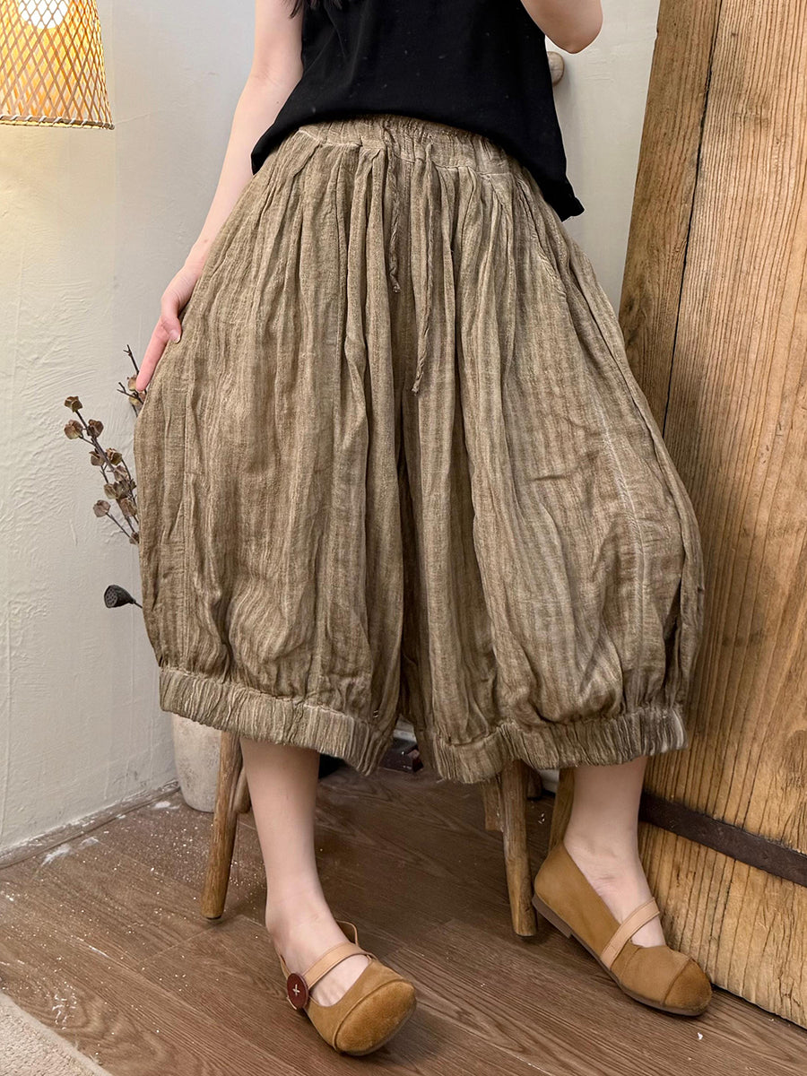 Women Summer Retro Stripe Linen Cropped Bloomers