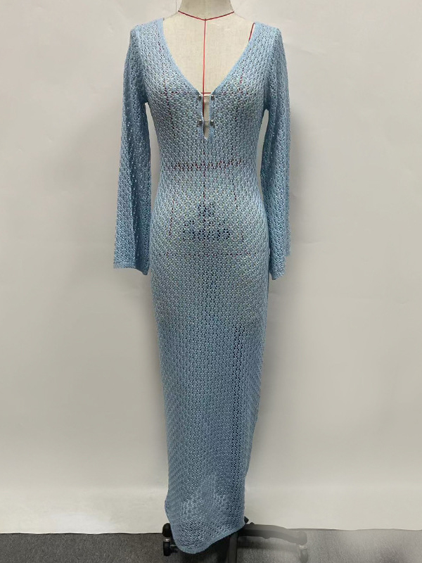 Hollow See-Through Smocked Solid Color Sun Protection Deep V-Neck Beach Cover-Up Maxi Dresses