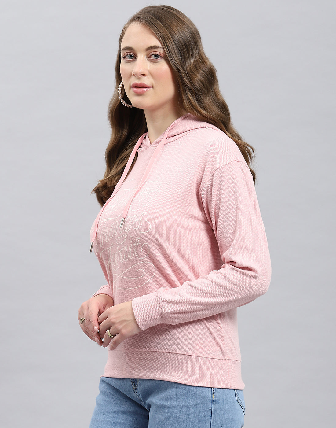 Women Pink Printed Hooded Full Sleeve Winter Top