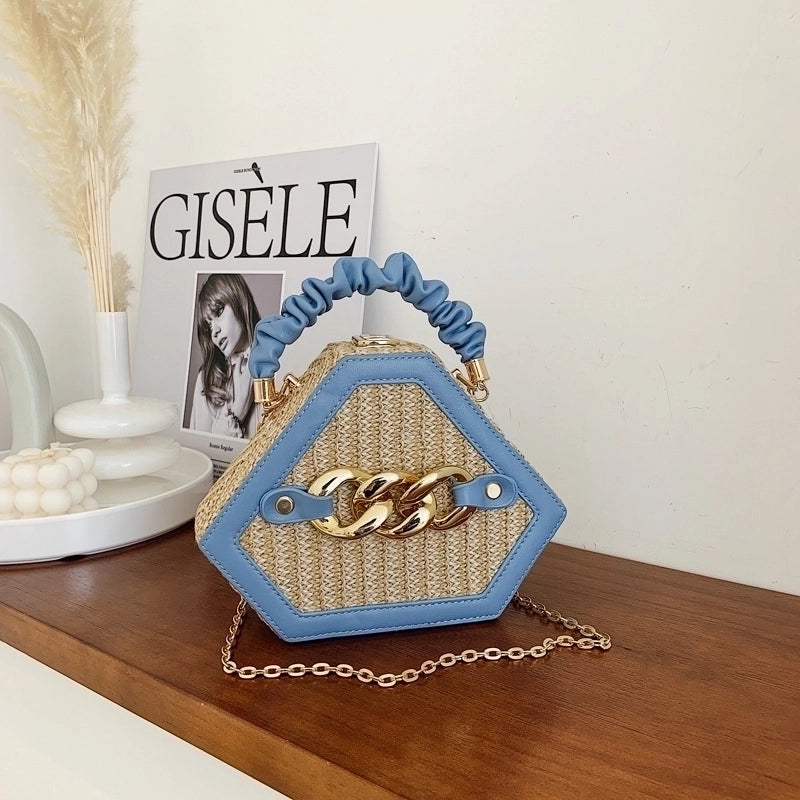 Women's Small Straw Geometric Classic Style Lock Clasp Straw Bag