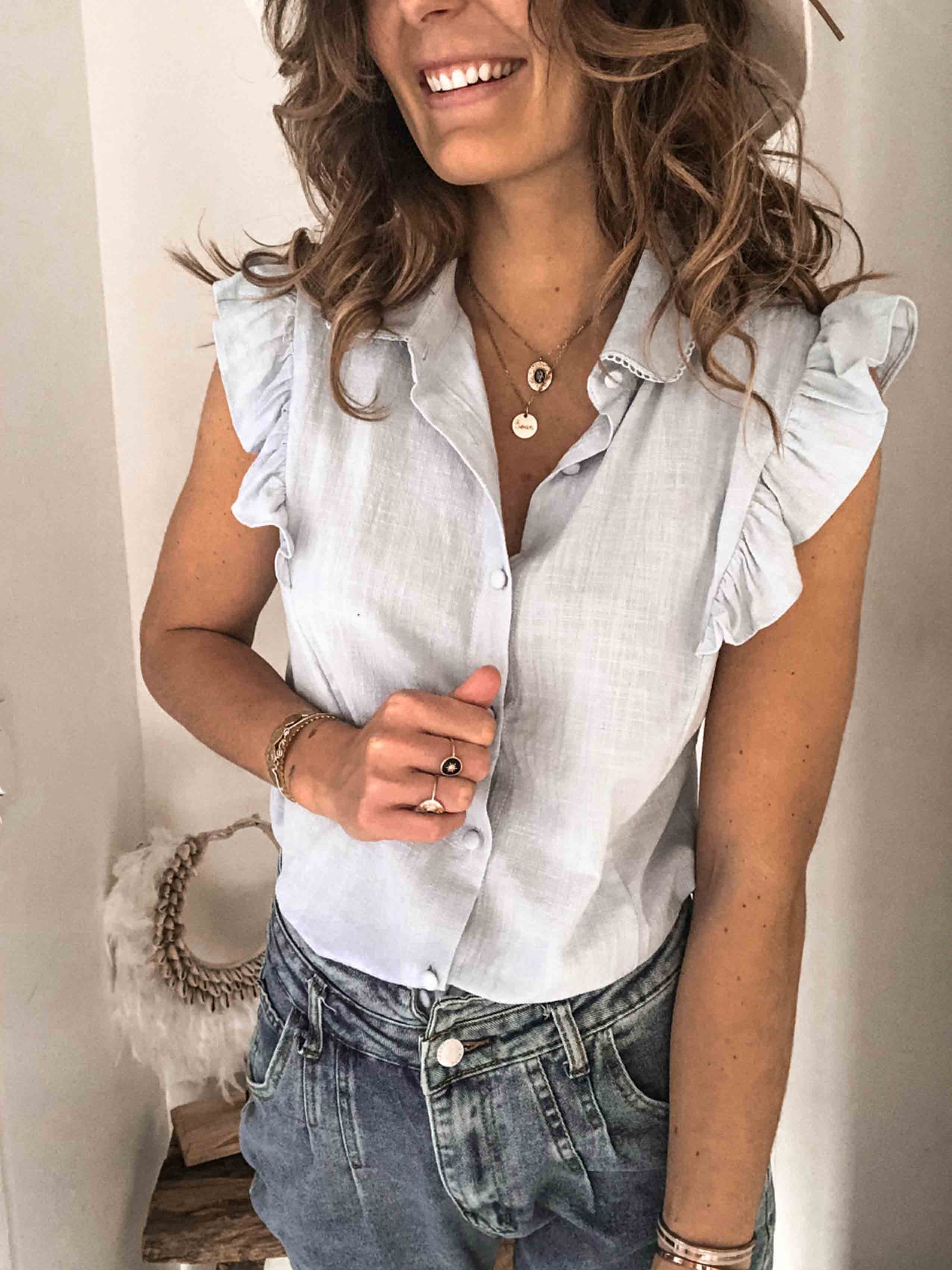 Lapel Button Ruffled Shirt