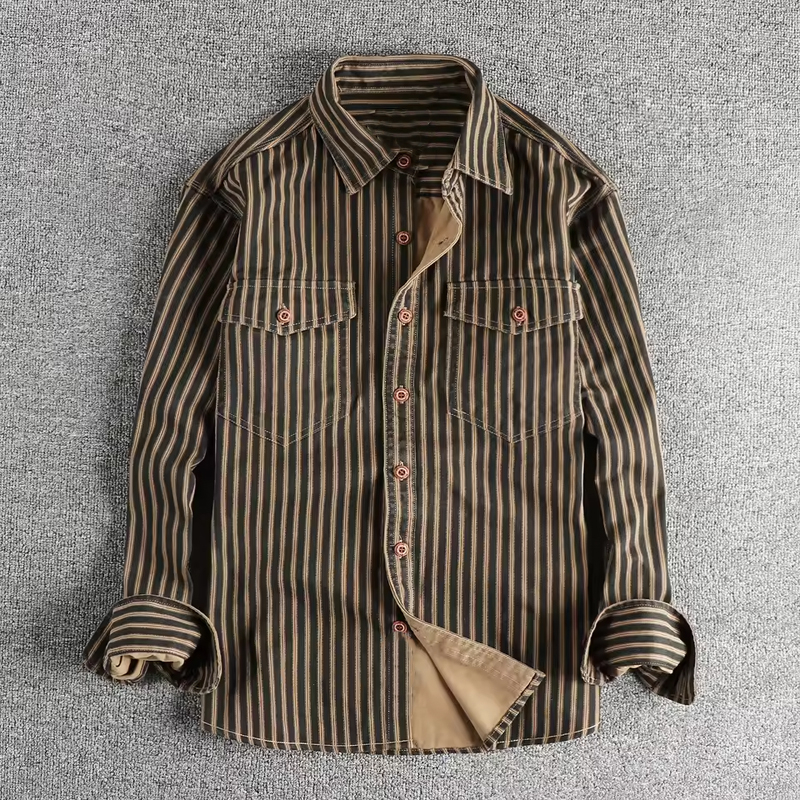 Vintage Blend Striped Lapel Long Sleeve Shirt
