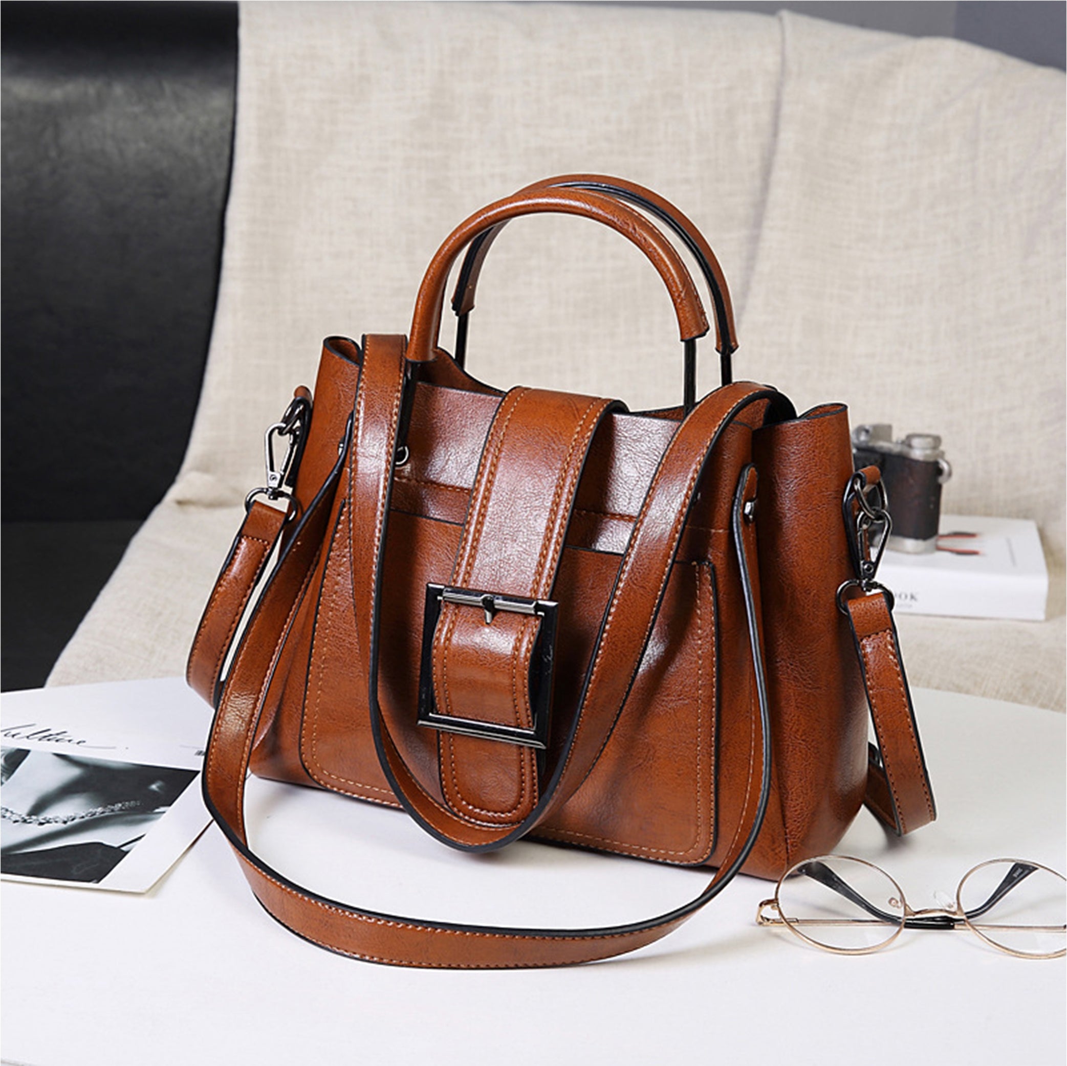 Retro Wax PU Leather Large Capacity Shoulder Tote