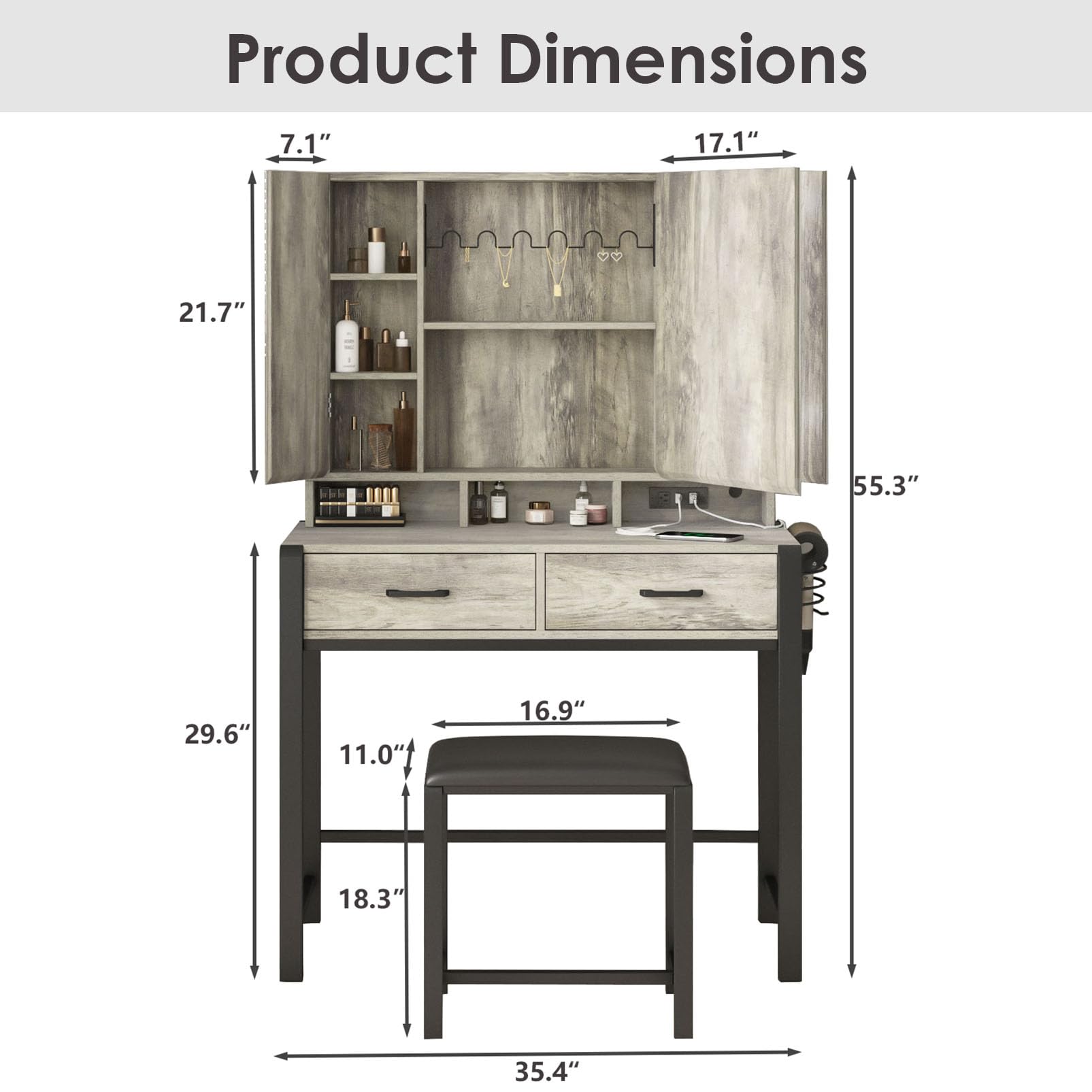 35.4inch Tri-Fold Mirror Makeup Vanity Table with Lights Hidden Storage Shelves