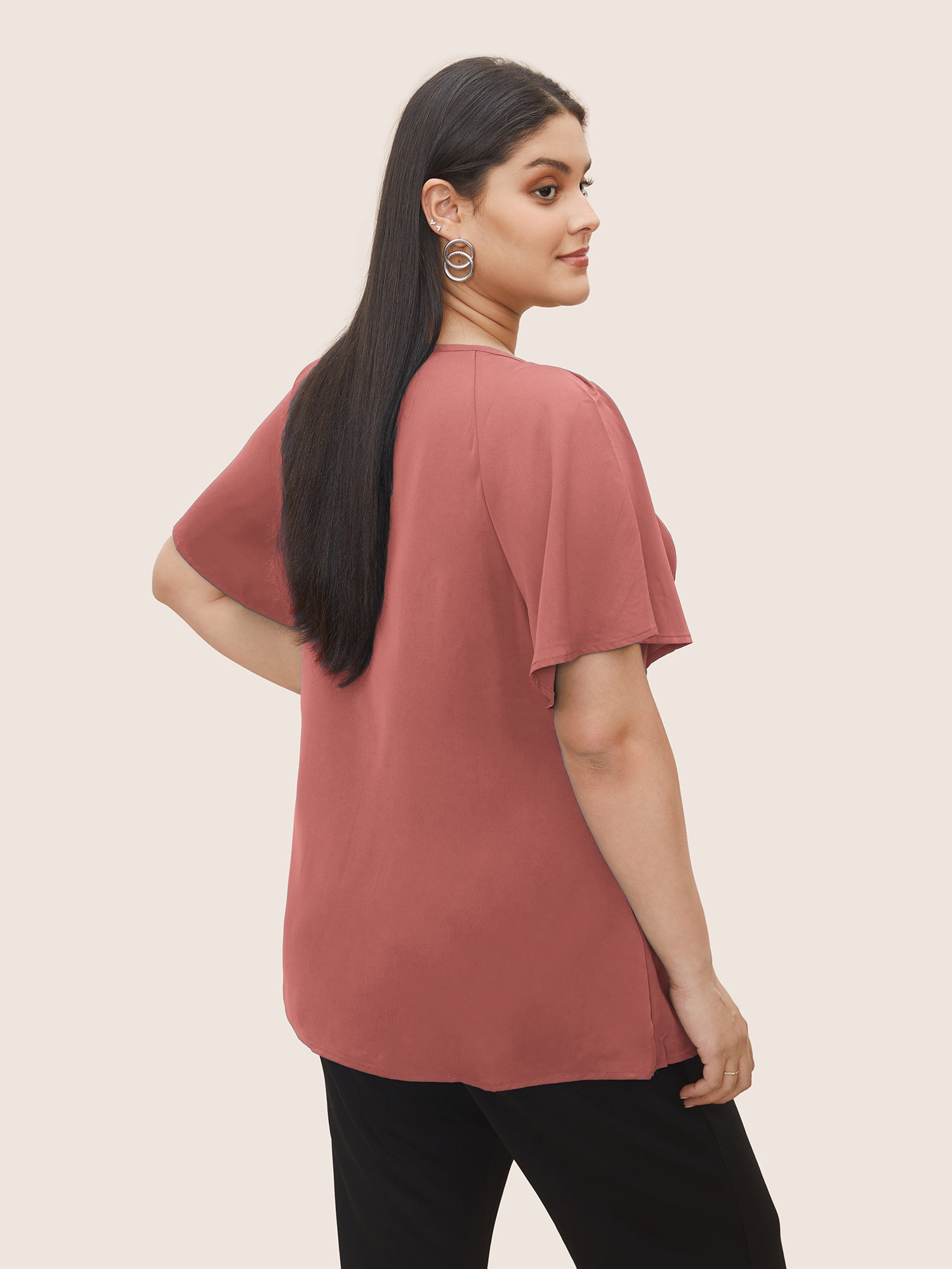 Plain Keyhole Knotted Front Ruffle Sleeve Blouse