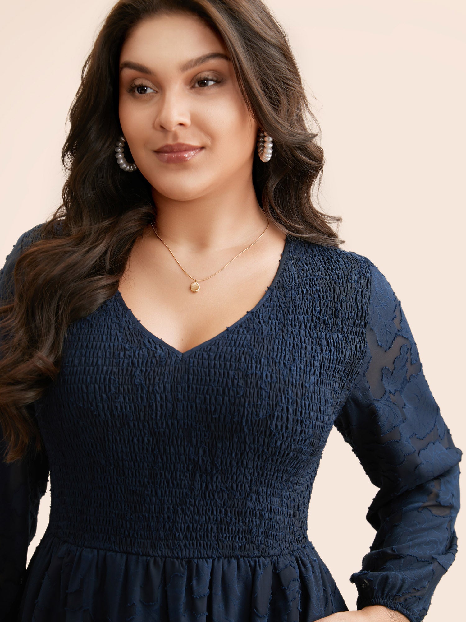 Solid Textured Shirred Elastic Waist Dress