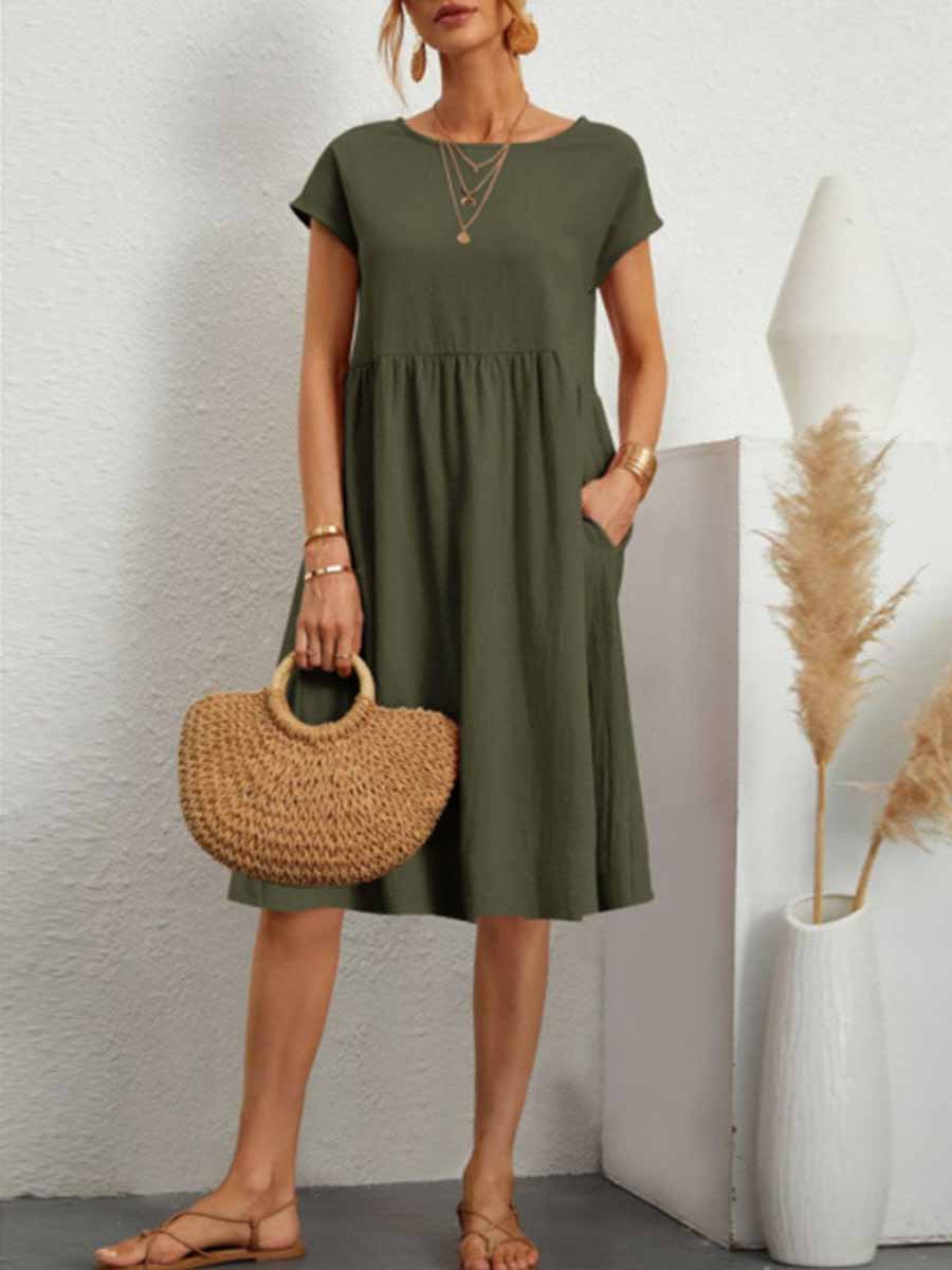 Casual Solid Patchwork O Neck A Line Short Sleeve Dress(11 Colors)