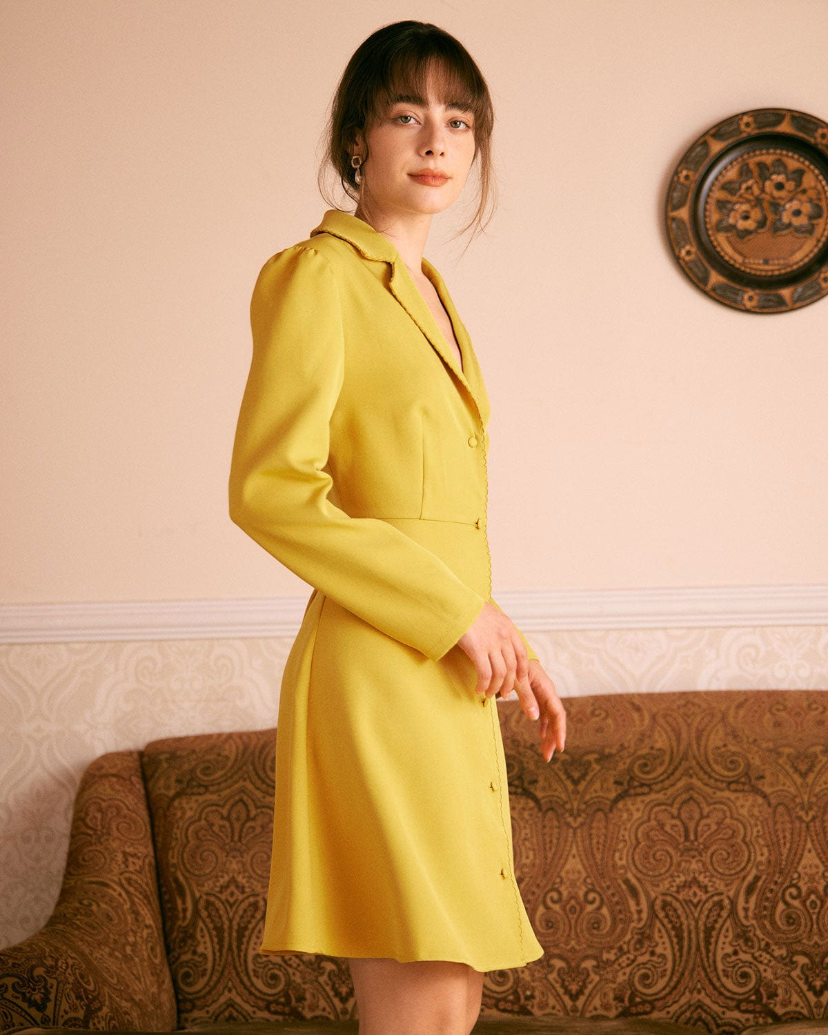 The Yellow Lapel Scalloped Button Mini Dress