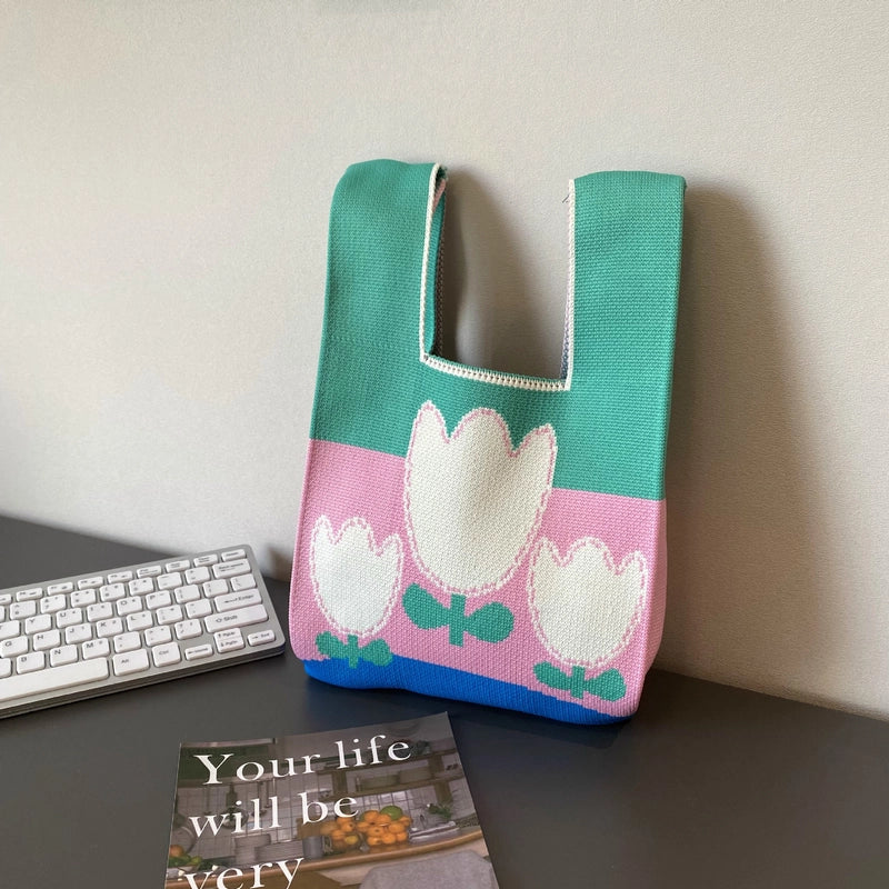 Women's Polyester Printing Color Block Cute Square Open Handbag