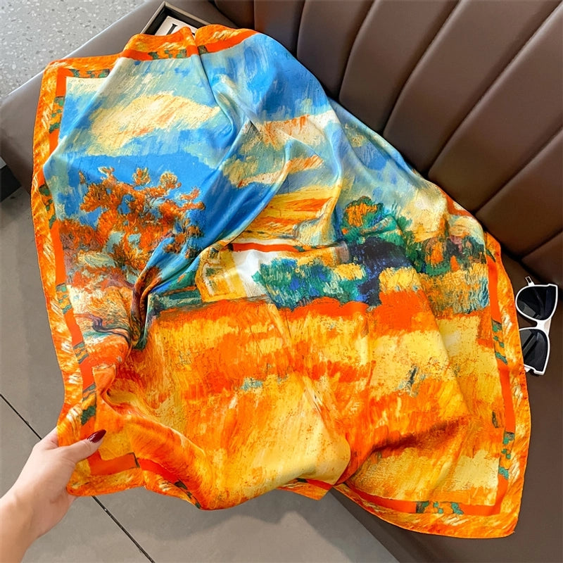 Women's Elegant Sweet Color Block Satin Printing Flowers Silk Scarf
