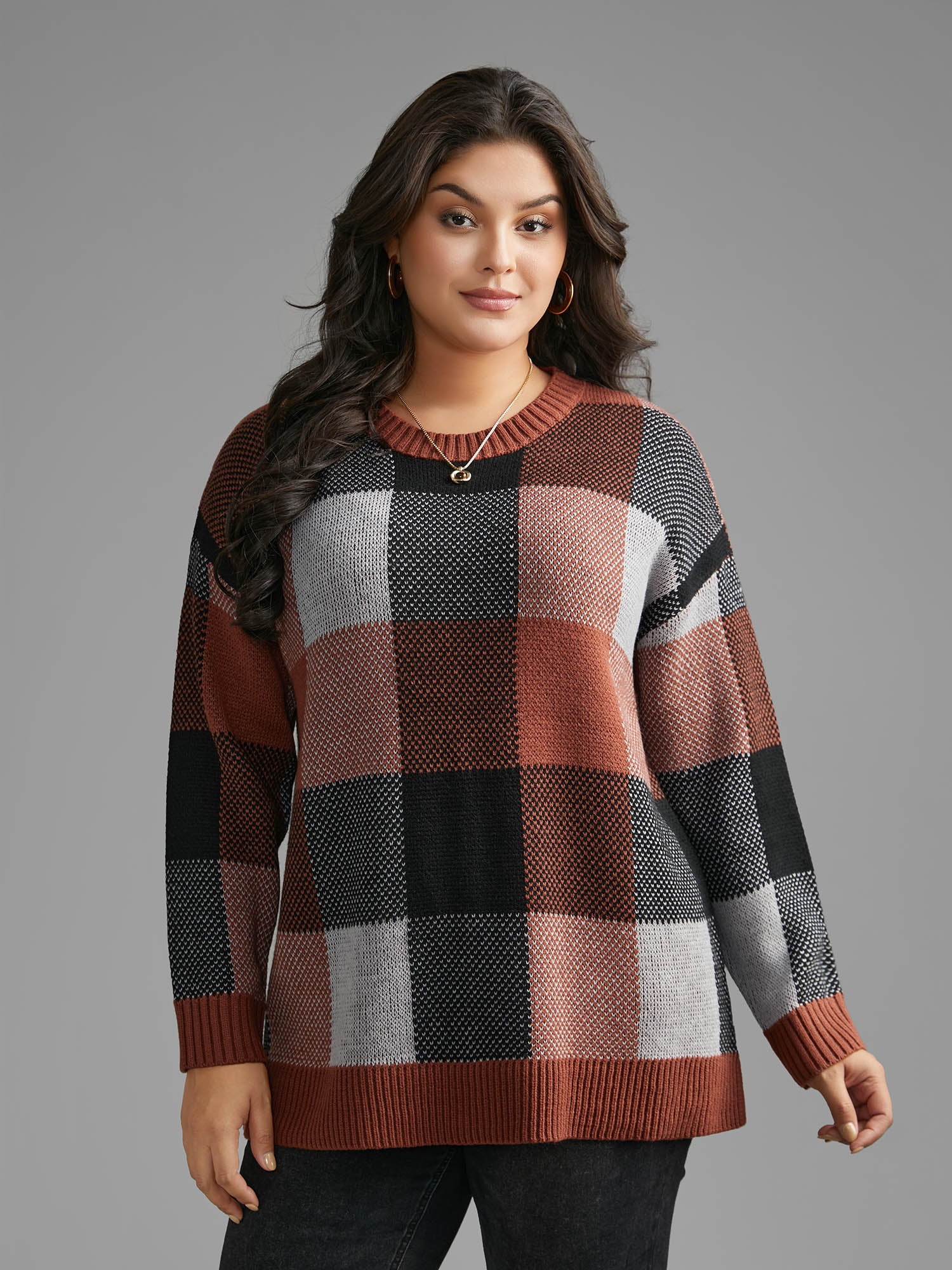 Plaid Contrast Slit Hem Pullover