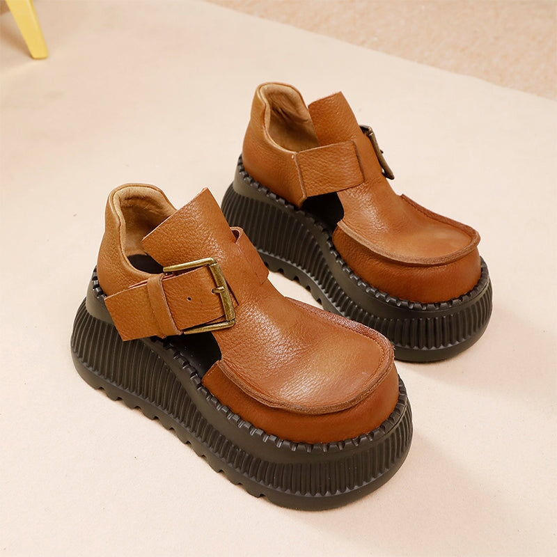 75mm Platform T-Straps Sandals Cowhide Mary Jane Shoes in Black/Light Brown