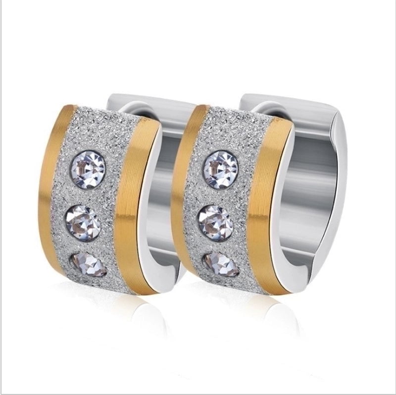 Minimalist Stainless Steel 18k Gold Plated Frosted Diamond Studded Hollow Round Earrings