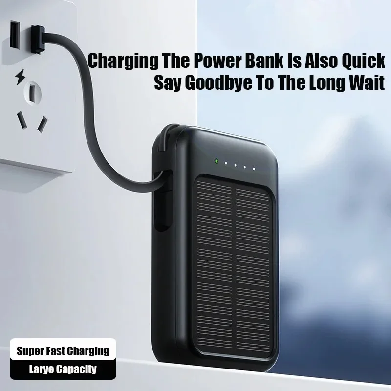 50000mAh Solar Power Bank Built Cables Fast Charger 2 USB Ports External Charger Power Bank  LED Light For Iphone Xiaomi Samsung