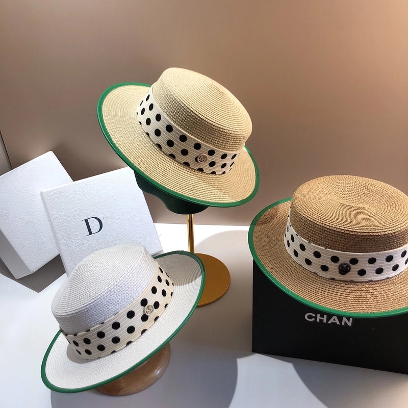 Women's Pastoral Minimalist Polka Dots Straps Big Eaves Straw Hat