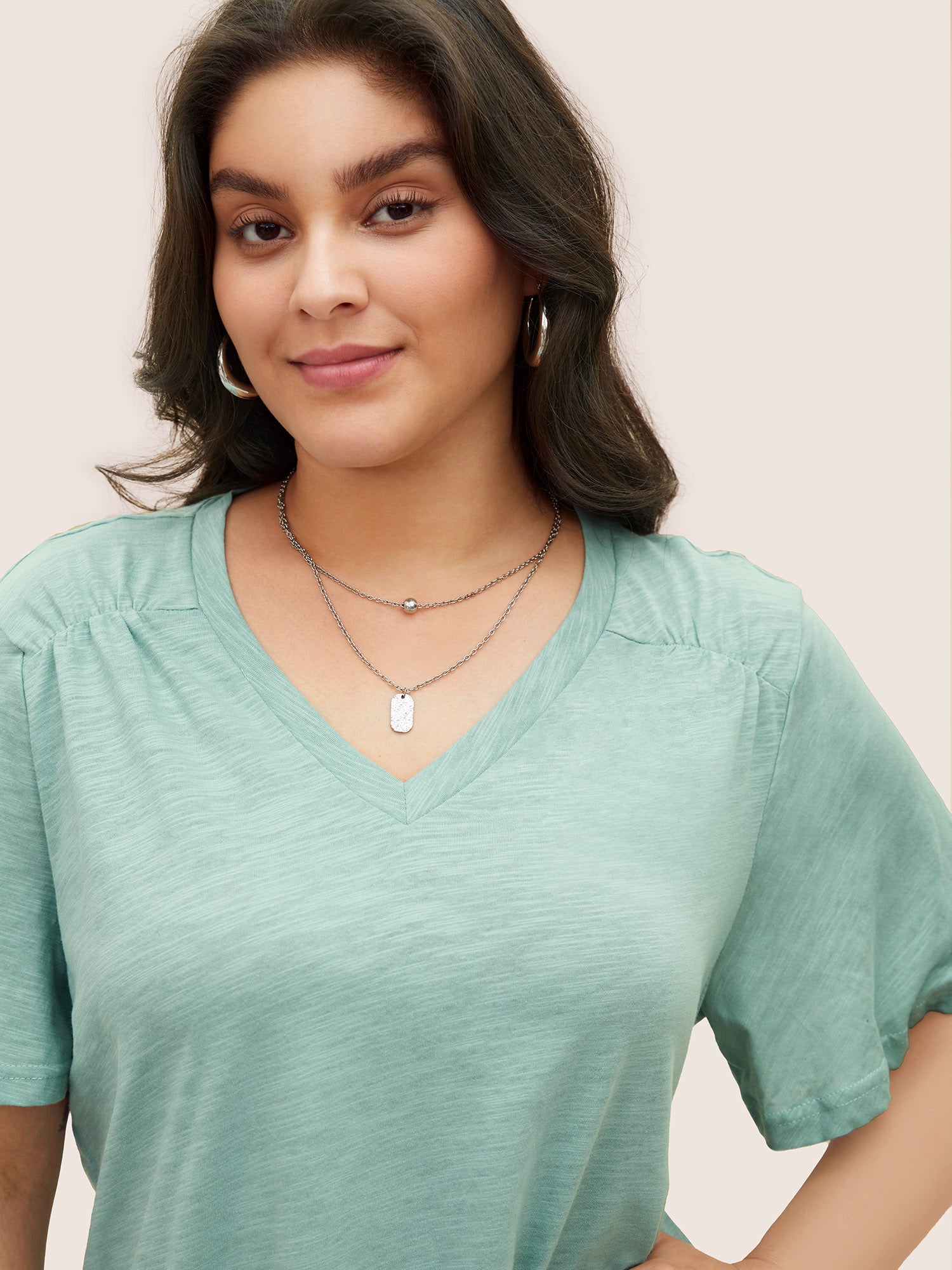 Plain Ruffle Sleeve Heather V Neck T-shirt