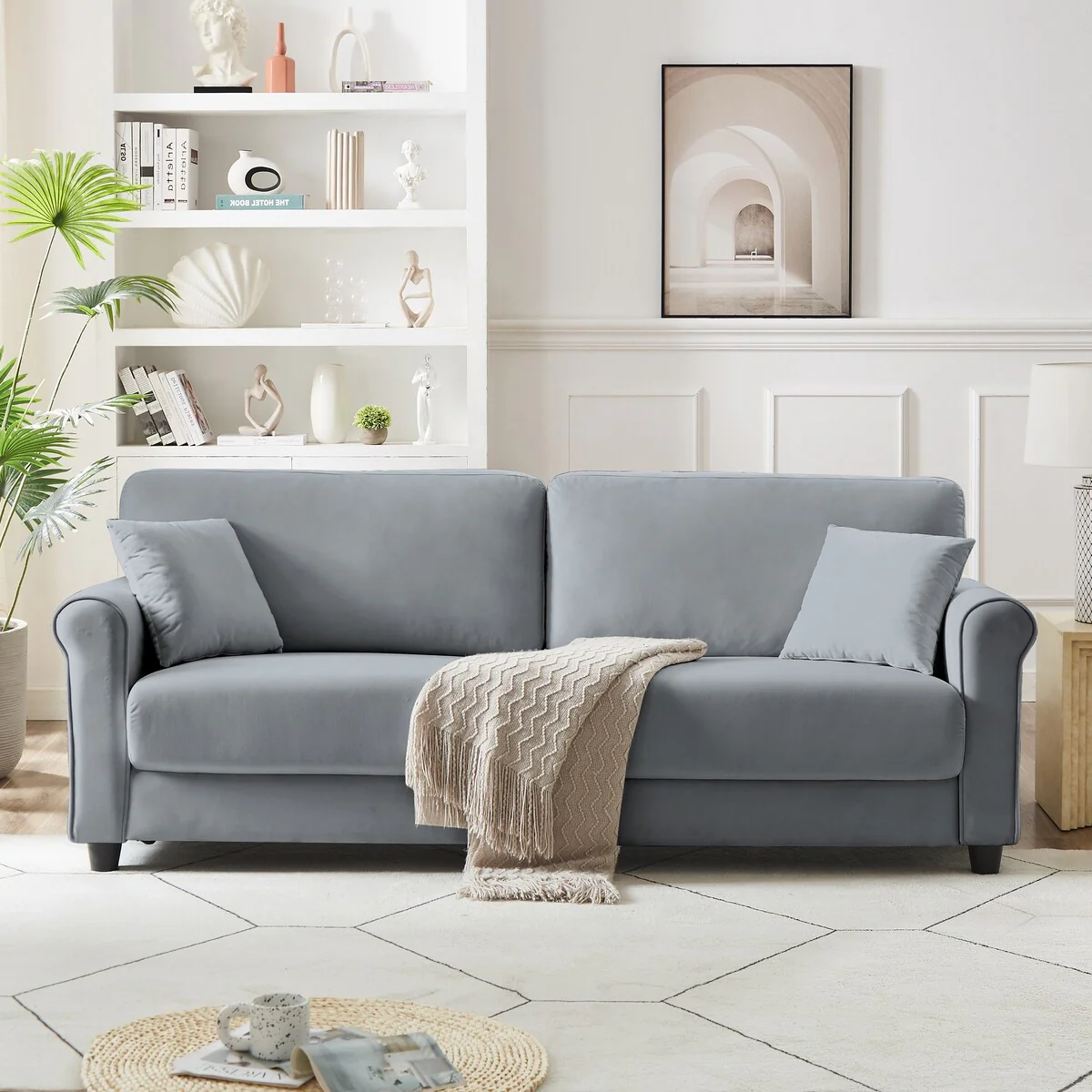 Classic Velvet Sofa Couch with Hardwood Frame, Upholstered Couch, Rounded Arms
