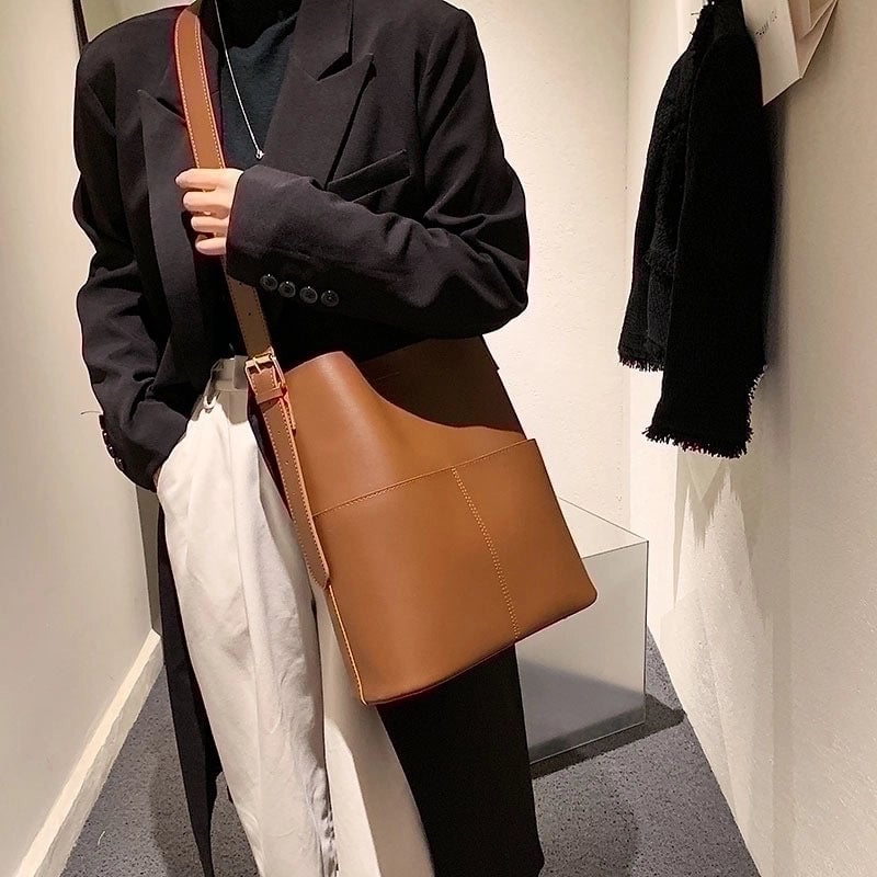 Women's Large Pu Leather Solid Color Basic Open Tote Bag
