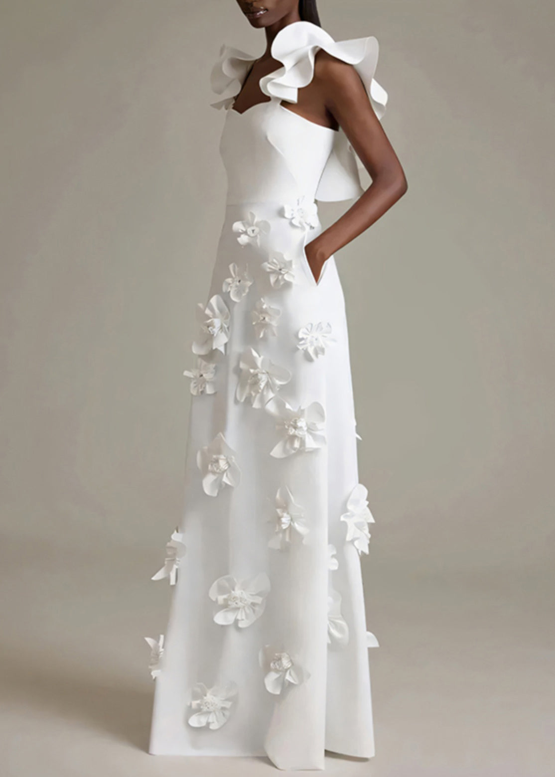 Floral White Ruffled Pockets Cotton Party Dress Sleeveless