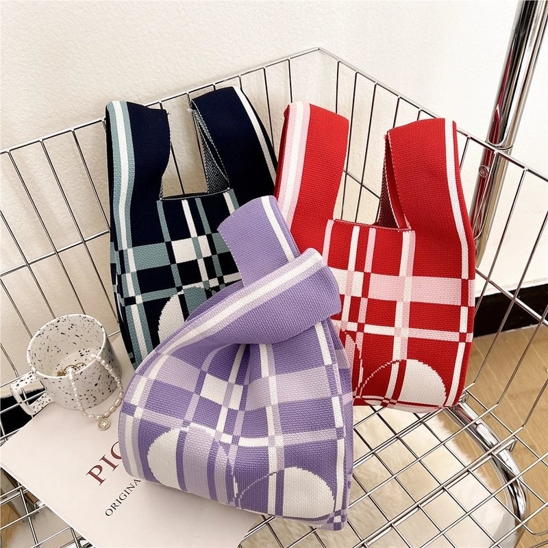 Women's Small Knit Houndstooth Stripe Butterfly Classic Style Square Open Handbag