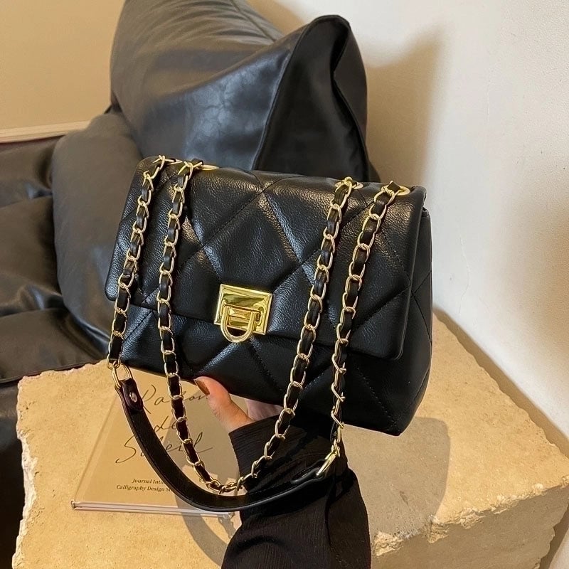 Women's Lingge Classic Style Sewing Thread Square Lock Clasp Shoulder Bag