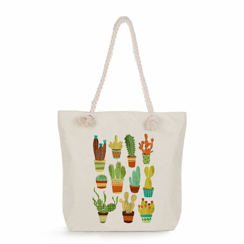 Women's Medium Linen Cactus Vacation Classic Style Square Zipper Tote Bag Beach Bag