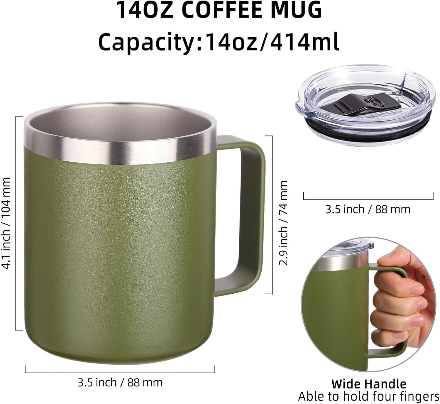Volhoply 14oz Insulated Stainless Steel Coffee Mug with Leakproof Lid,Double Wall Vacuum Travel Coffee Cup with Handle,Reusable Metal Tumbler,Camping Mugs Keep Hot/Cold,Christmas Gifts(Black,1