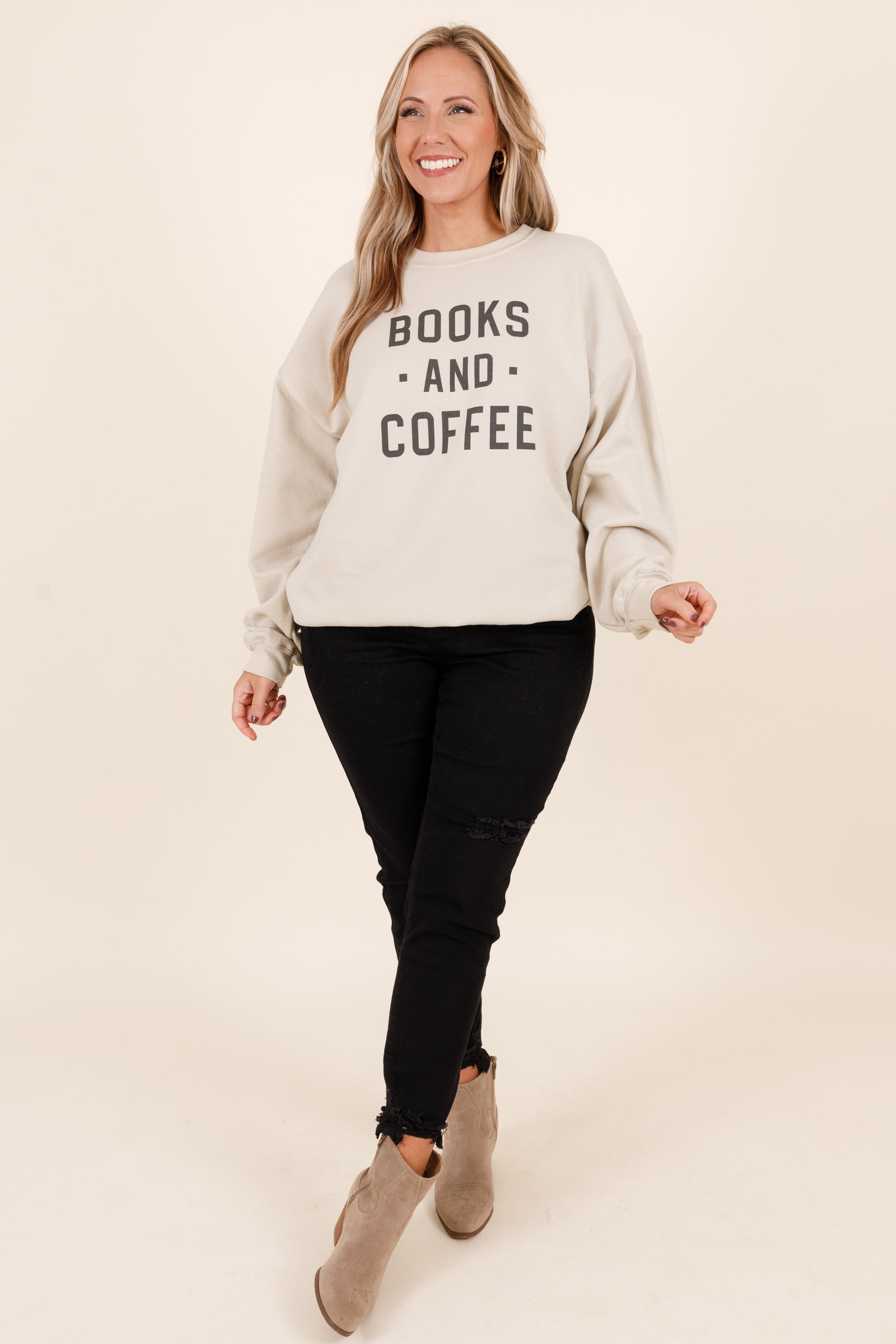 Books And Coffee Sweatshirt. Sand