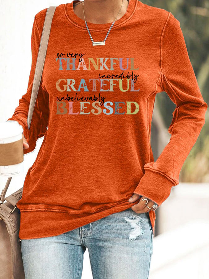 Women's Grateful Thankful Blessed Print Crew Neck Sweatshirt