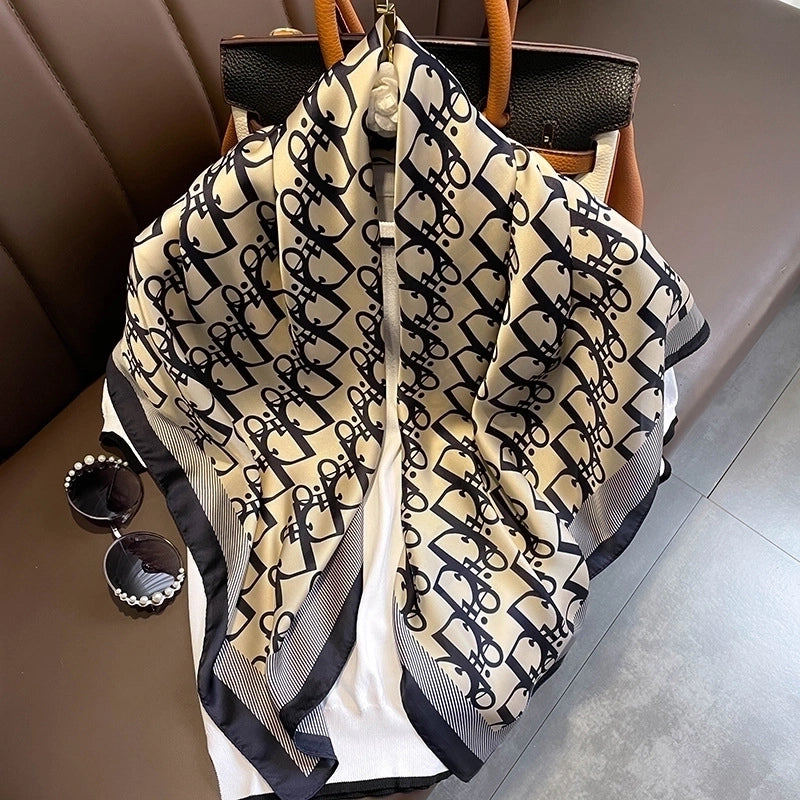 Fashion Light Luxury 90cm Simulation Silk Scarf Simple Striped Large Square Scarf