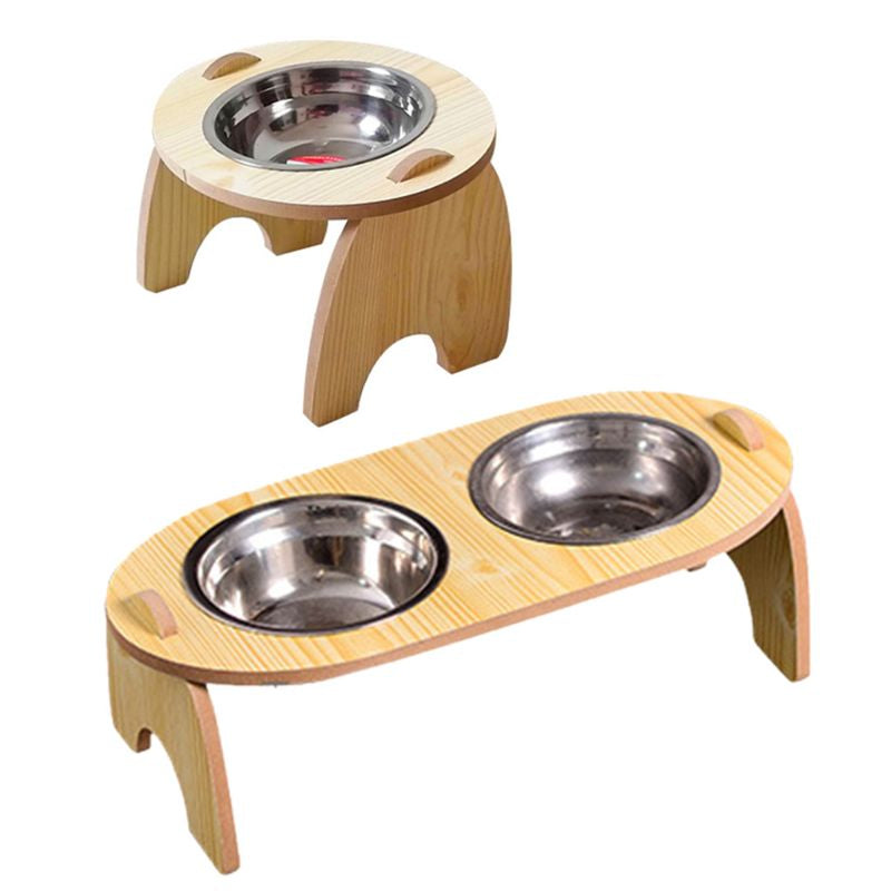 Wood Frame Slanted Pet Feeding Stainless Steel