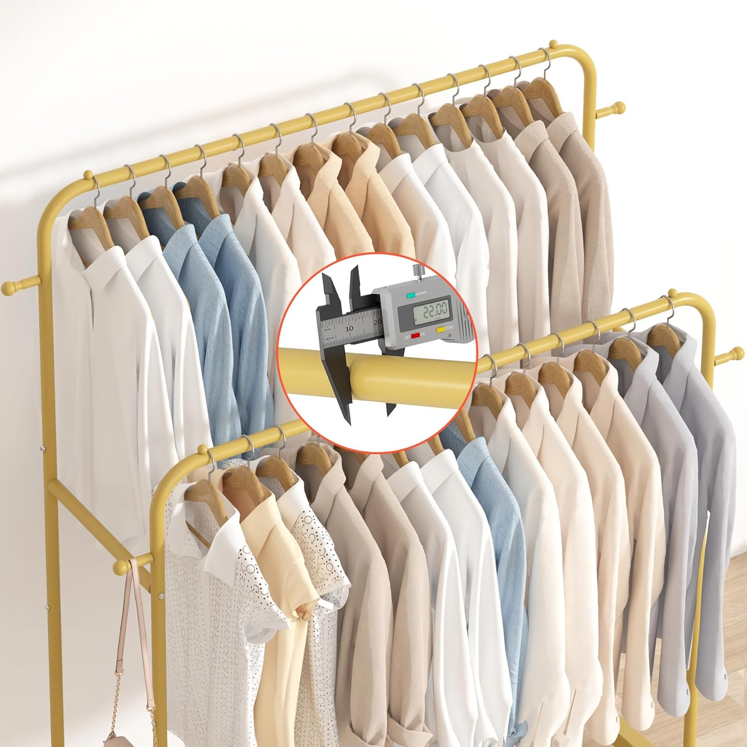 Laiensia Double Rods Garment Rack with Wheels, Clothing Rack for Hanging Clothes,4 Hooks, Multi-functional Bedroom Clothes Rack, Black