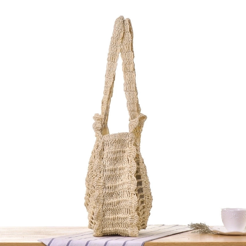 Women's Large Spring&summer Straw Solid Color Vacation Round Zipper Straw Bag