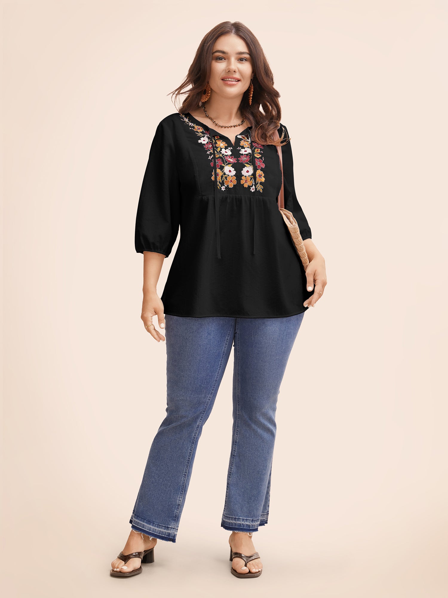 Floral Embroidered Tie Knot Lantern Sleeve Blouse