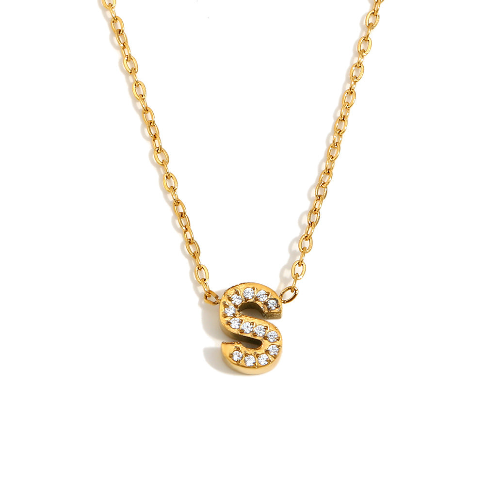 Fashionable And Simple 26 English Letter Pendant Stainless Steel Plated 18K Gold Diamond Small Letter Necklace For Women