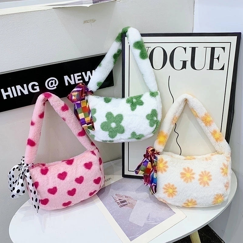 Women's Small Summer Velvet Flower Classic Style Pillow Shape Zipper Shoulder Bag