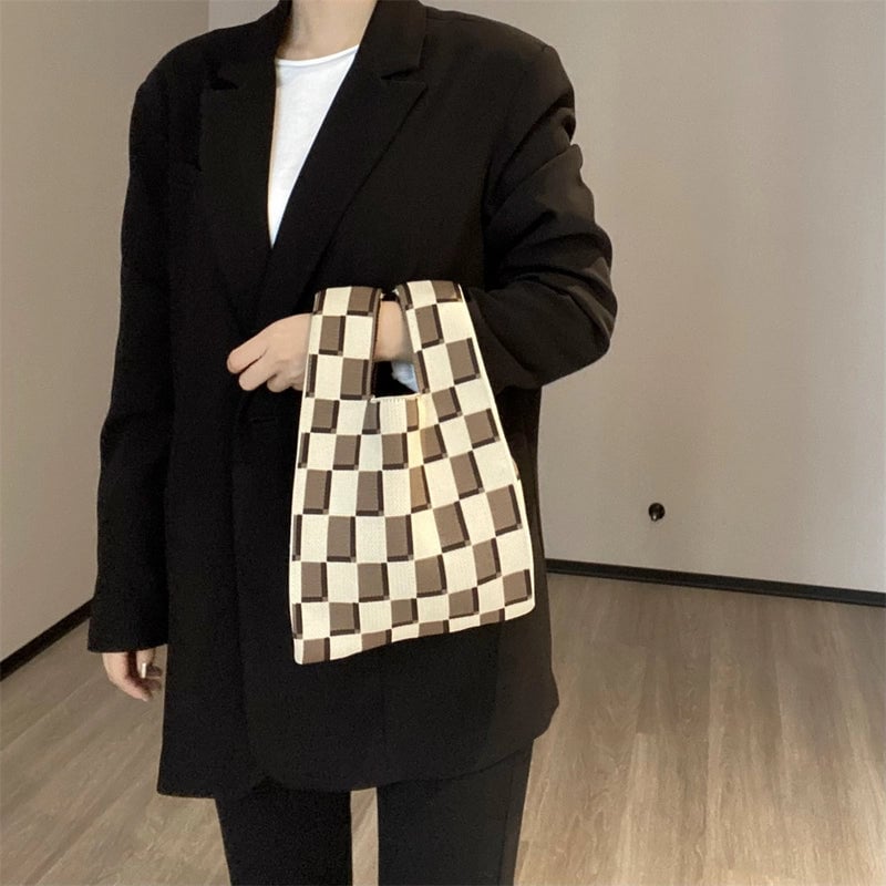 Women's Small Knit Printing Lattice Flower Elegant Classic Style Square Open Handbag