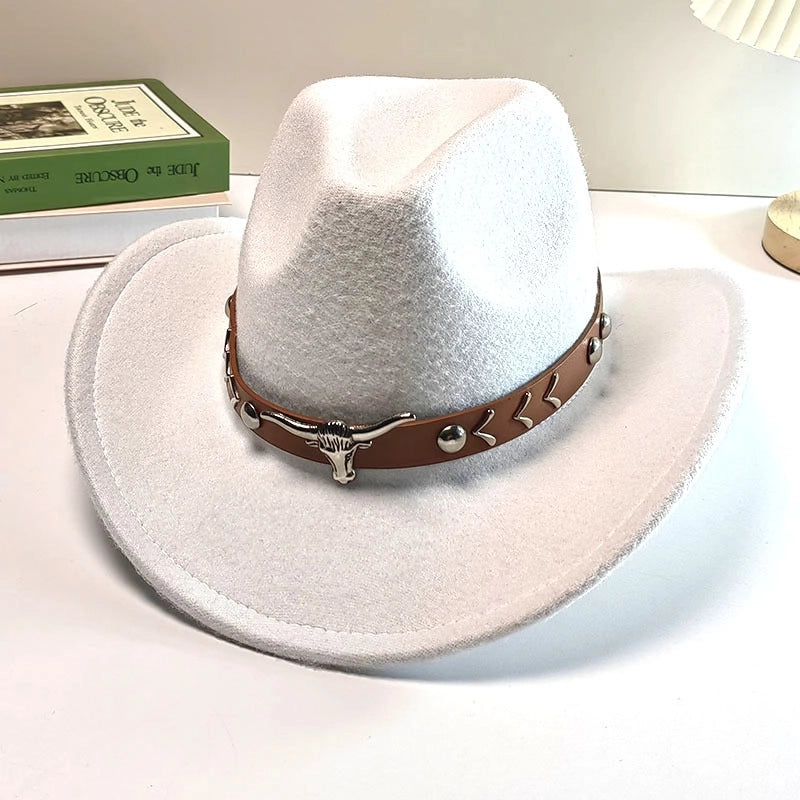 Autumn And Winter Woolen Denim Jazz Felt Hat For Men And Women Cow Head Mark Curled Top Hat Tibetan Sunshade Sunscreen Hat