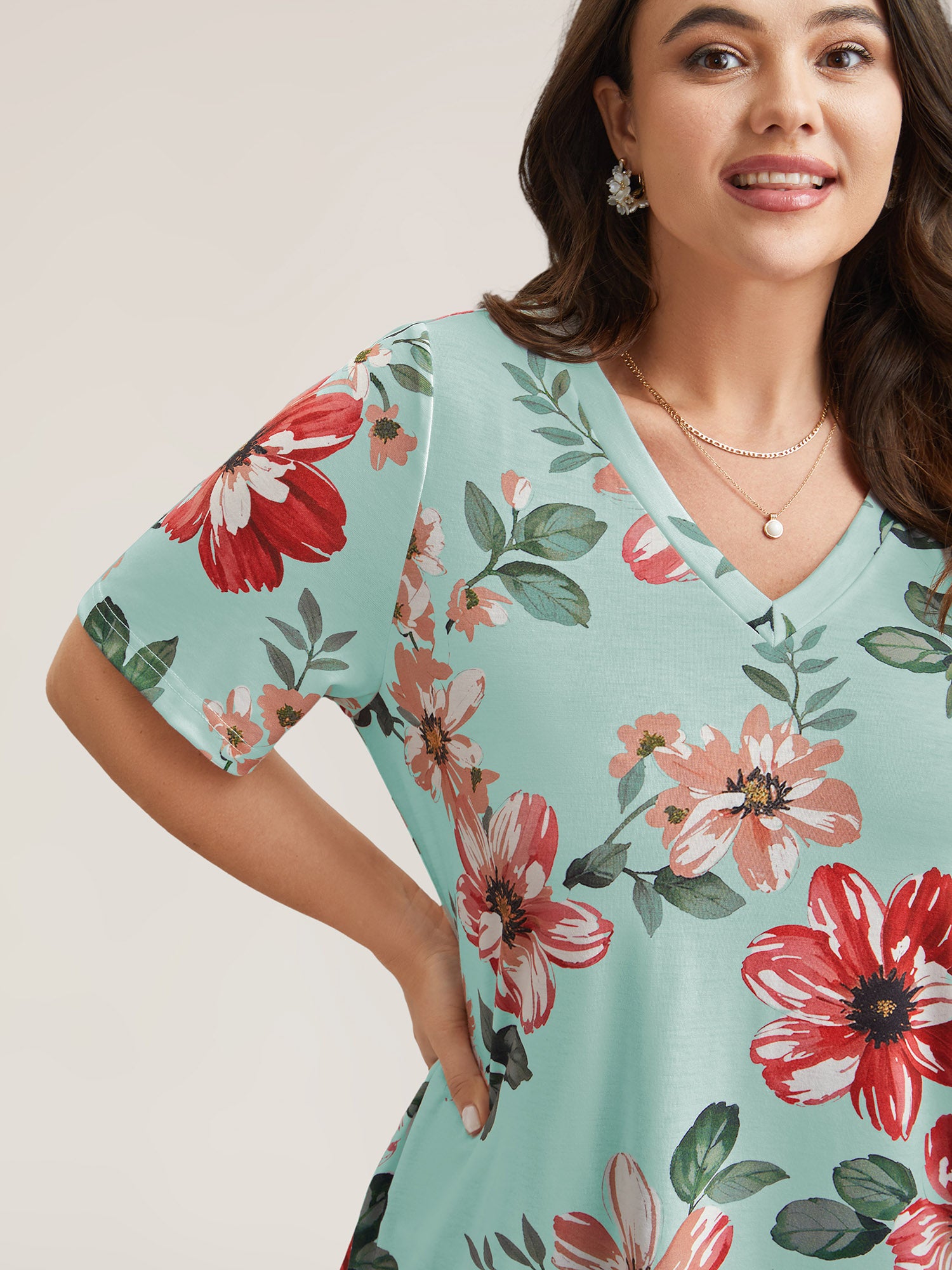 Multi-Color Floral Print V-Neck T-Shirt