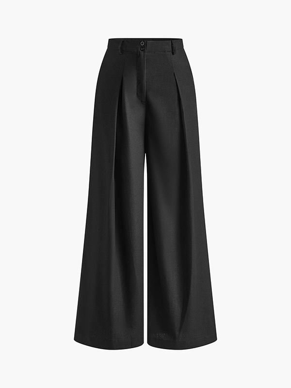 High Waisted Loose Pleated Solid Color Split-Joint Pants Trousers