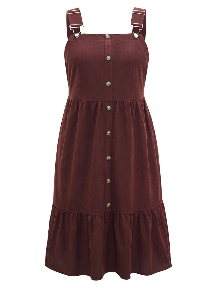 Corduroy Button Detail Ruffles Adjustable Straps Dress